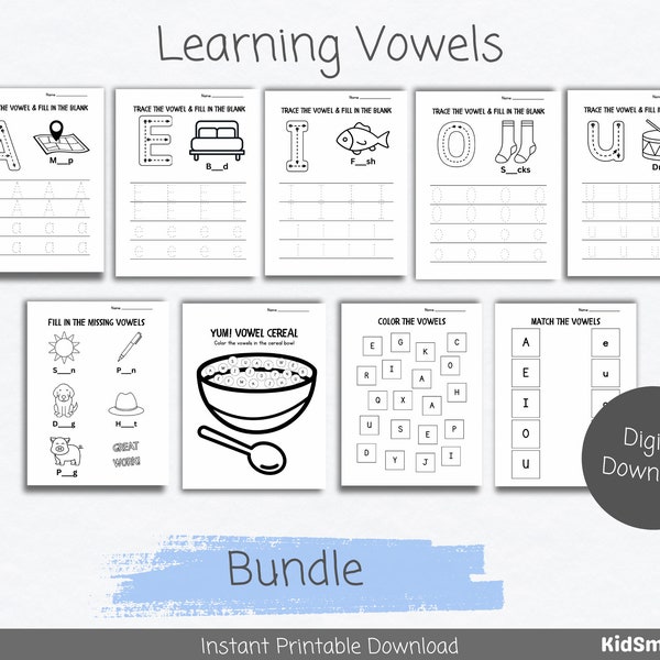 Tracing Vowels Printable | Vowels Worksheets | Vowel Practice Activity | Kindergarten Worksheets | Education Printables | Kids Activity |