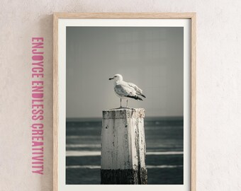 Seagull on Weathered Post – Minimalist Coastal Fine Art Photography Print – Serene Ocean Scene – Printable Wall Art – Instant Download