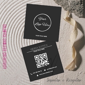 Frisse, minimalistische vierkante sjabloon voor visitekaartjes – bewerkbaar logo-ontwerp – zwarte elegante huisstijlkaart – afdrukbaar en digitaal – direct downloaden
