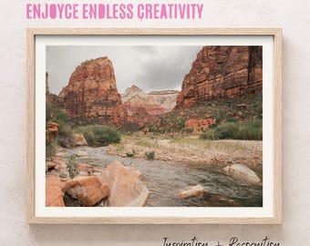 Zion National Park Landscape – Serene River and Canyon Scene – Earthy Fine Art Nature Print – Inspiring Wall Art – Instant Download