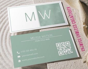 Elegant Seafoam Initial Business Card Template – Modern Editable Monogram Feminine Canva Design – Printable Branding Card – Instant Download