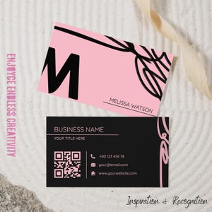 Modèle de carte de visite féminine moderne - Design rose et noir avec des coups de pinceau ludiques - Modifiable numérique et imprimable - Téléchargement immédiat