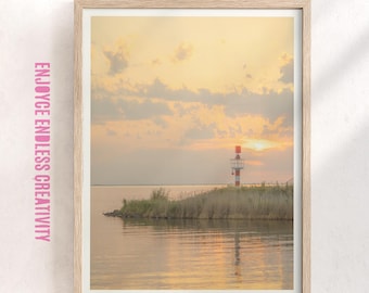 Warm Sunset Coastal Wall Art – Minimal Landscape with Lighthouse & Water – Feminine Printable Decor – Fine Art Photo – Instant Download