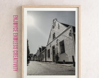 Charming Dutch Street Fine Art Photo – Sunlit European Village Scene – Black & White Printable Wall Art – Cozy Home Decor – Instant Download