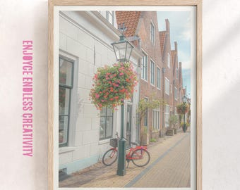 Charming Dutch Street Scene wall art – Soft Romantic Fine Art Photography – Red Bicycle & Flowers – Feminine and Light – Instant Download