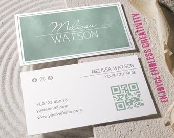 Elegant Seafoam Green Business Card Template – Feminine Branding with Script Font – Editable Modern Sage With QR code – Instant Download