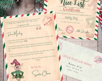 Vintage paper editable letter from santa bundle, nice list, north pole envelope, elf feet, canva template -kids christmas- instant download