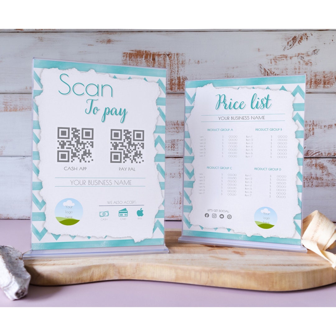 Boho Blue Pattern Editable Scan to Pay + Price List Canva Template 2 QR ...