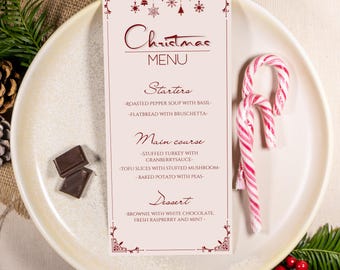 Classic red christmas menu DIY editable canva template graceful feminine X-mas diner table decoration christmas collection instant download