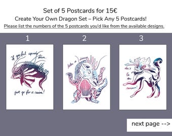 Postkartenset mit Drachenmotiven - 5 Karten nach Wahl
