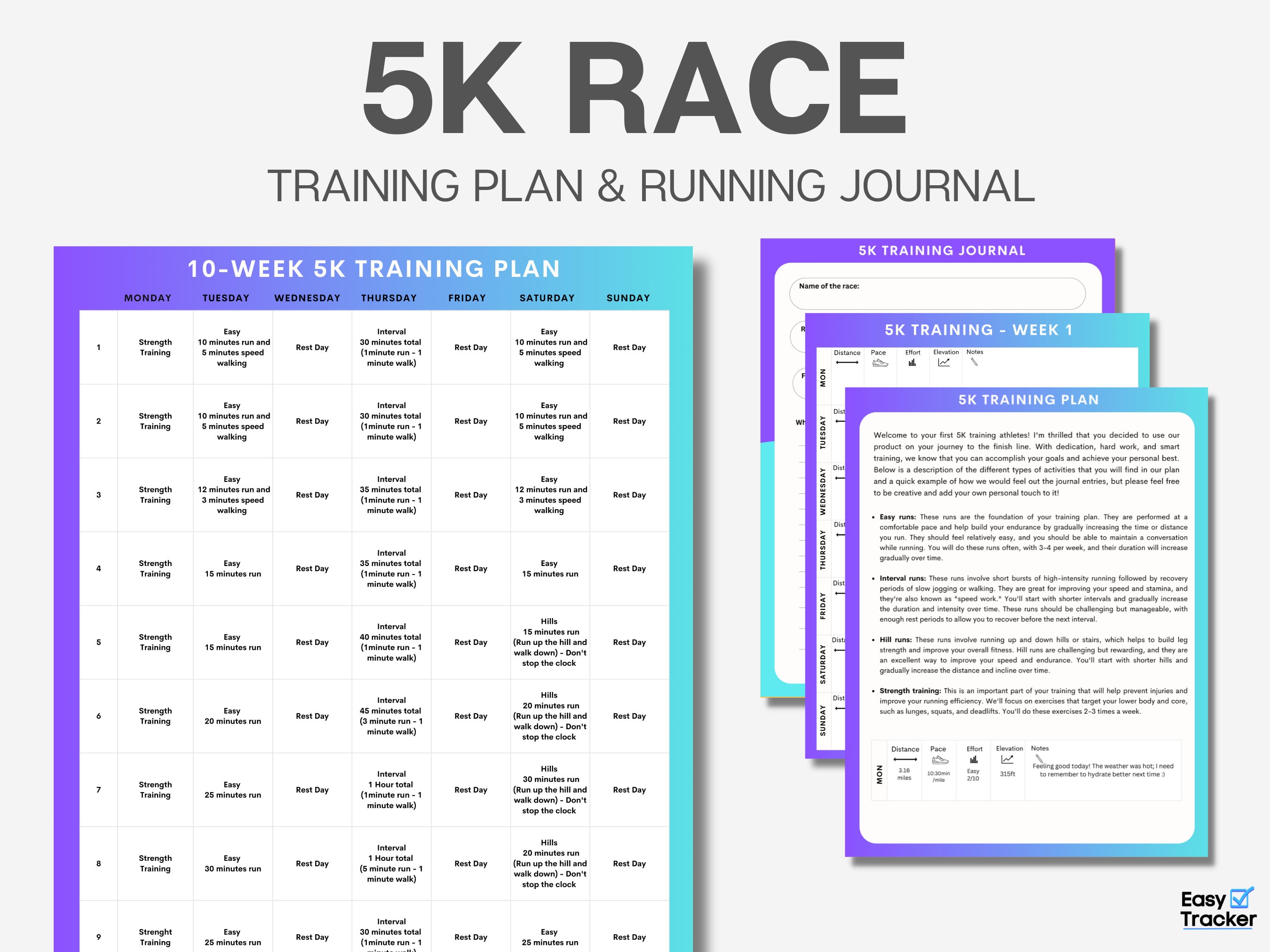 5K Running Training Plan Beginner 5k Program and Running Journal Easy