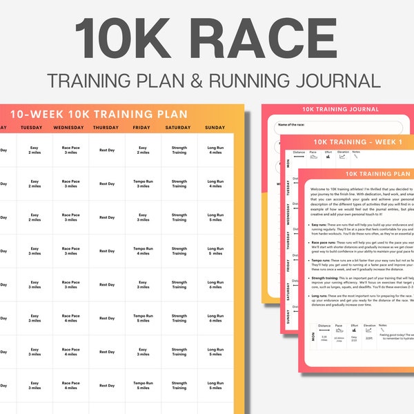 10K Running race - Beginner training plan and running journal - Easy to follow 10K Program