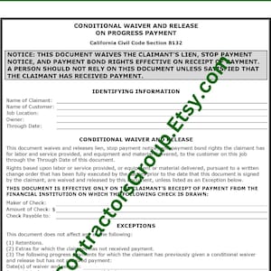 May include: A black and white legal document titled "Conditional Waiver and Release on Progress Payment". The document is a form for waiving lien, stop payment notice, and payment bond rights. It includes sections for identifying information, exceptions, and a signature.