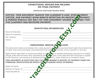 California Conditional Final Waiver and Release Form | Construction Contractors (PDF, DOC)