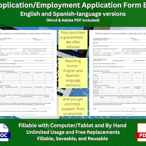 Könnte beinhalten: Ein digitales Produktpaket mit zwei Bewerbungsformularen in Englisch und Spanisch. Die Formulare sind mit einem Computer, Tablet oder von Hand ausfüllbar. Das Paket beinhaltet unbegrenzte Nutzung und kostenlose Ersetzungen. Die Formulare sind auch ausfüllbar, speicherbar und wiederverwendbar.