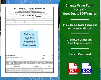 Change Order Form Templates w/ Editable Standard Terms and Conditions Clause - Style #4 - WORD & PDF | Unlimited Use | Free Replacement