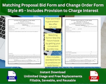Proposal and Change Order Form Template Set w/ Editable Terms and Conditions w/ Provision to Charge Interest - Style #5 - WORD & PDF