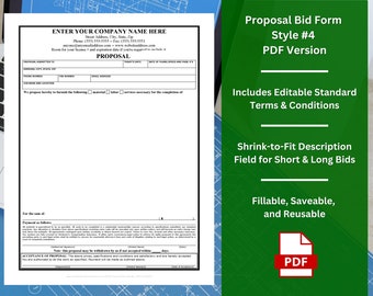 Proposal Bid Form Template w/ Fully Editable Standard Terms & Conditions Clause - Style #4 - Adobe PDF