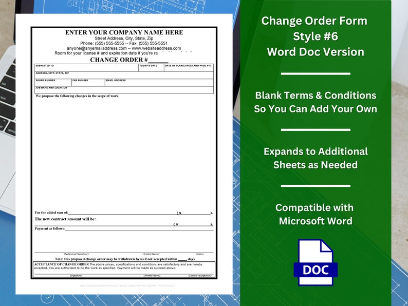 Change Order Form Template – Fillable Terms, Customizable WORD (digital ...