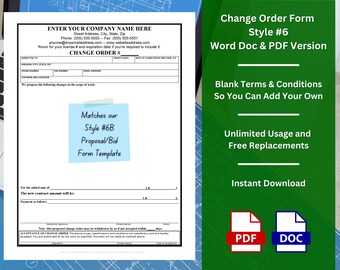Change Order Form Templates w/ Fillable Terms and Conditions - Style #6 - WORD & PDF | Customizable | Unlimited Use | Free Replacement