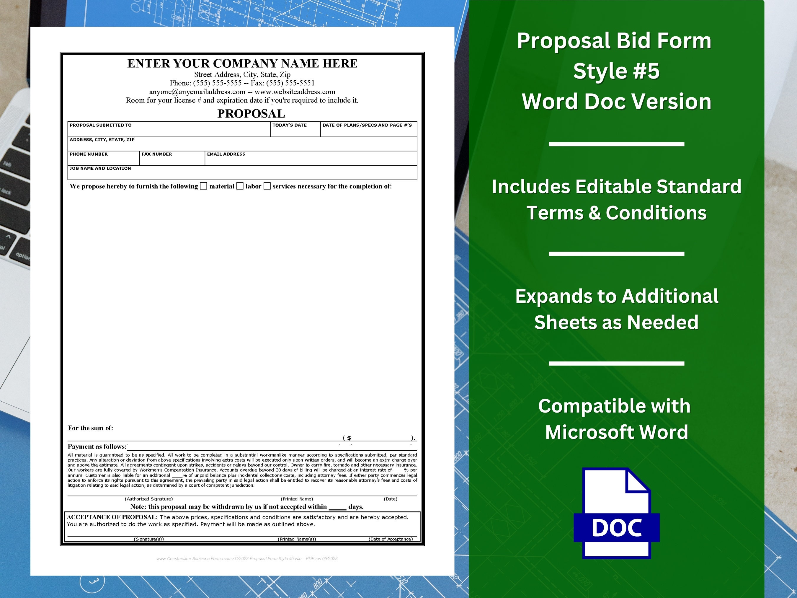 Provision Form Proposal Bid Form Template W/ Fully Editable Terms and Conditions W ...