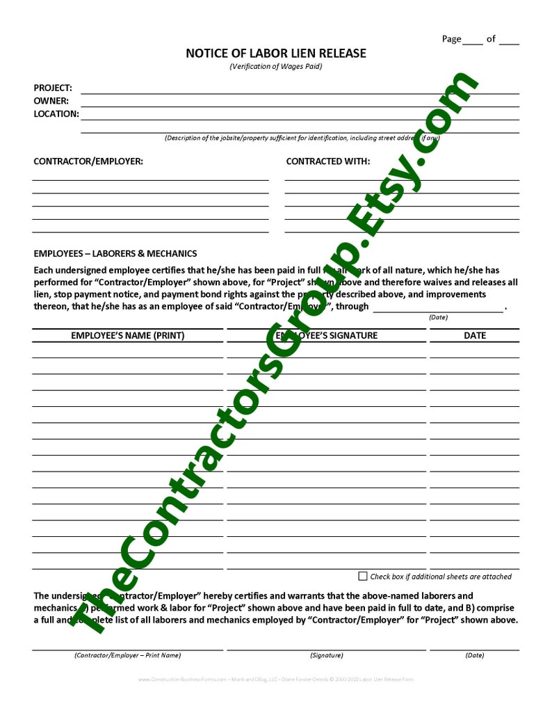 Notice of Labor Lien Release Form for Construction Contractors Instant ...