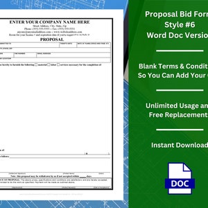 Proposal Bid Form Template w/ Fillable Terms & Conditions - Style #6 - WORD | Customizable | Unlimited Use | Free Replacement