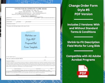 Change Order Form Template w/ Editable Terms and Conditions w/ Provision to Charge Interest - Style #5 - PDF | Customizable | Unlimited Use
