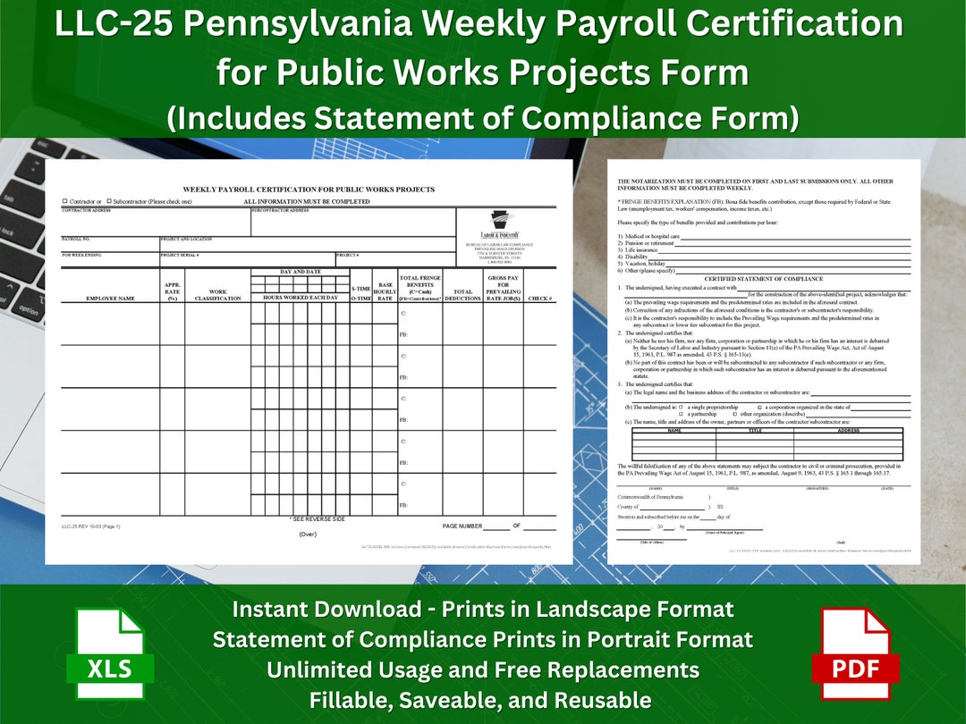 LLC-25 Pennsylvania Weekly Payroll Certification for Public Works