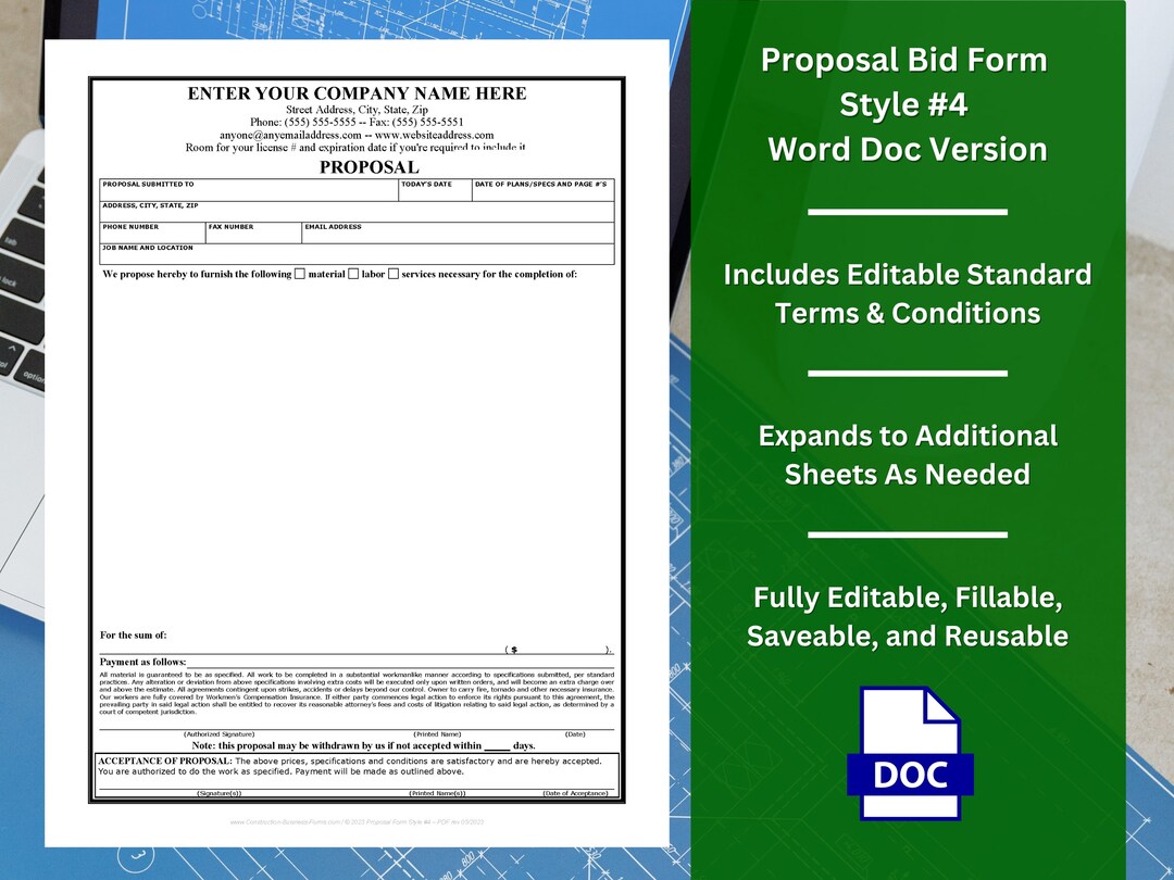 Proposal Bid Form Template W/ Editable Terms & Conditions - Style #4 ...