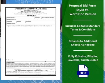 Proposal Bid Form Template w/ Editable Terms & Conditions - Style #4 - WORD | Customizable | Unlimited Use | Free Replacement