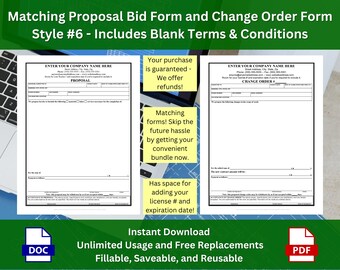 Proposal and Change Order Form Template Set w/ Fillable Terms and Conditions Clause - Style #6 - WORD & PDF | Unlimited Usage