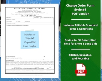 Change Order Form Template w/ Editable Standard Terms & Conditions Clause - Style #4 - PDF | Customizable | Unlimited Use | Free Replacement