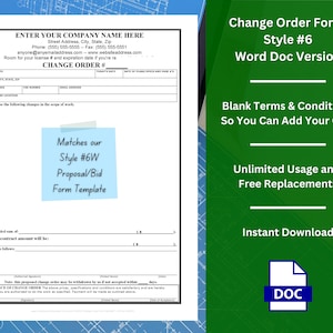Change Order Form Template w/ Fillable Terms & Conditions Clause - Style #6 - WORD | Customizable | Unlimited Use | Free Replacement