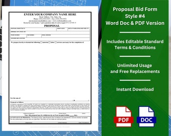 Bid Proposal Templates w/ Editable Standard Terms and Conditions Clause - Style #4 - WORD & PDF | Unlimited Use | Free Replacement