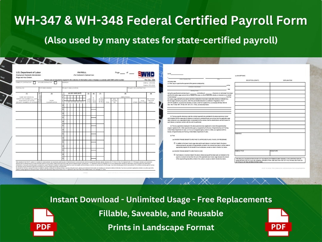 WH347 & WH348 Federal Certified Payroll Forms W/ 68 Autofill Fields