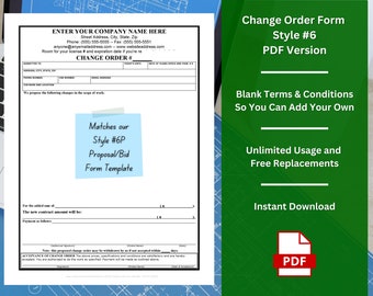 Change Order Form Template w/ Fillable Terms & Conditions Clause - Style #6 - PDF | Customizable | Unlimited Use | Free Replacement