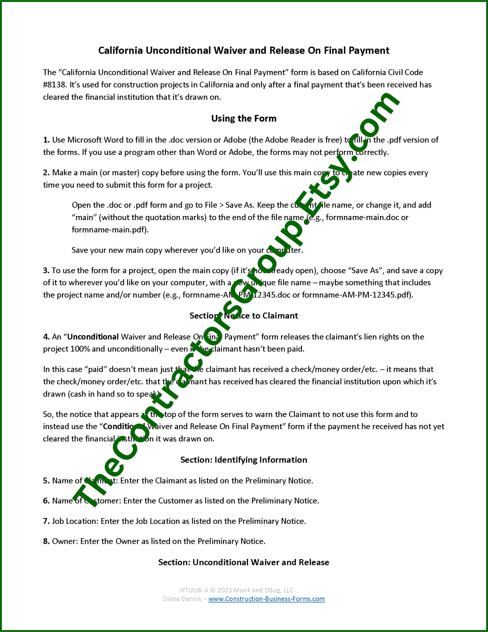 Unconditional Final Waiver and Release California Form for Construction ...