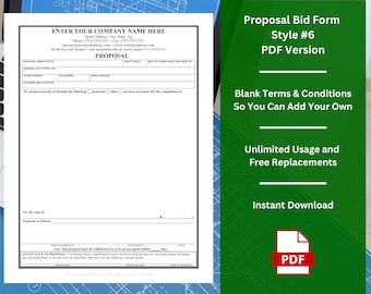 Proposal Bid Form Template w/ Fillable Terms & Conditions Clause - Style #6 - PDF | Customizable | Unlimited Use | Free Replacement