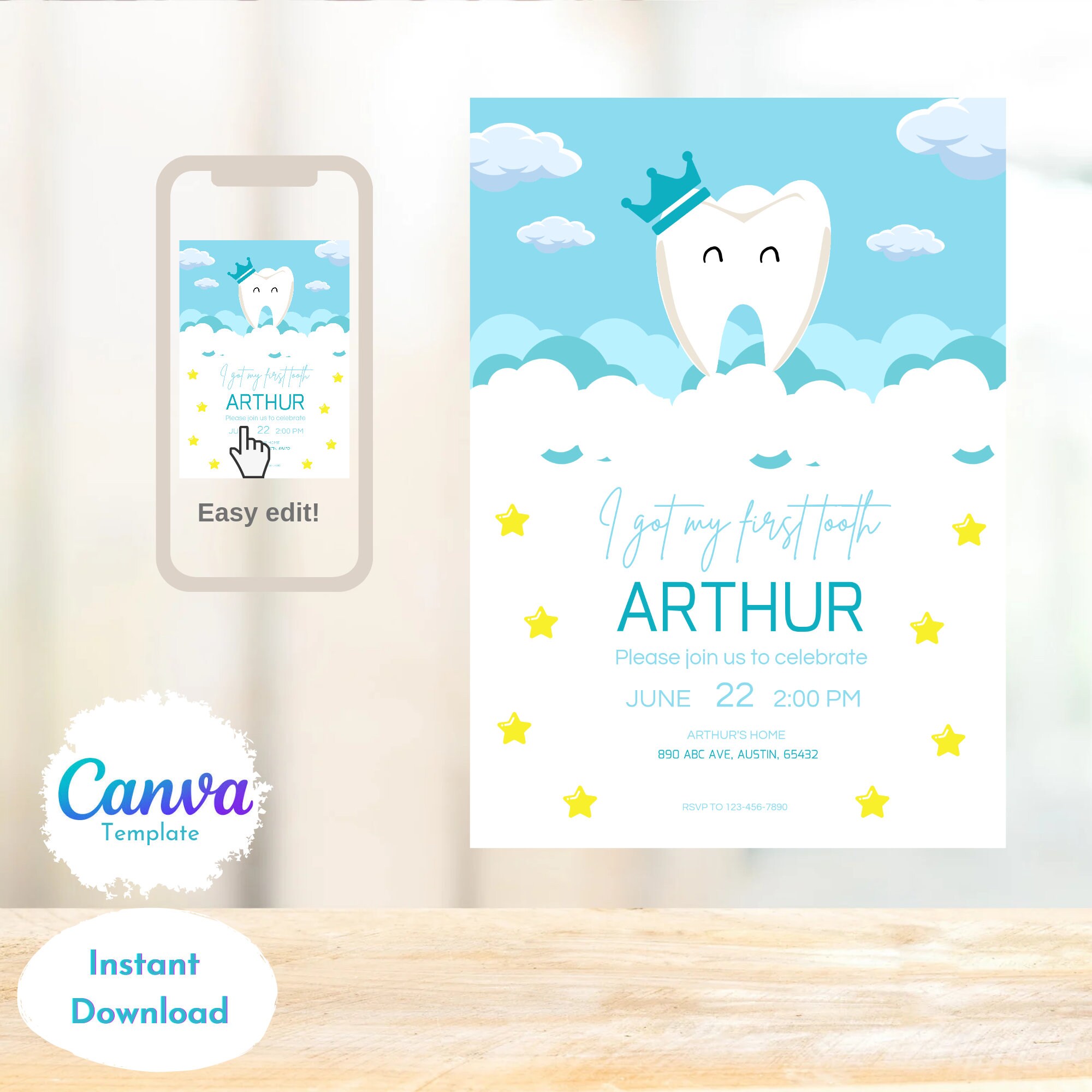 First Tooth Boy Party Invitation,blue Party Invitation,editable ...