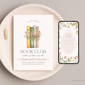 May include: A printable invitation for a book club meeting. The invitation features a watercolor illustration of a stack of books with flowers. The text reads "Please join us Book Club title of the month Romance Book Title Author Name Meetup on Sat March 5 at 6:00 pm Sip and Read Store 345 Main St."