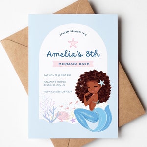 Black Little Mermaid Birthday Party Invitation Template Canva, African American Mermaid Birthday Invite, editable mermaid party invitation