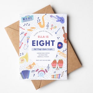 May include: A colourful invitation for an eighth birthday party with a music theme. The invitation features a variety of musical instruments, including a guitar, trumpet, saxophone, drums, and a piano. The text on the invitation reads "Ella is Eight" and includes the date, time, and location of the party.