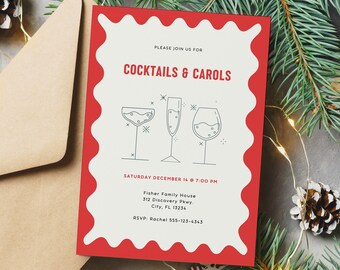 Cocktails und Carols Weihnachtsfeier-Einladungsvorlage (Canva bearbeitbar, Sofort-Download)