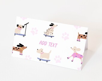 May include: A folded white card featuring playful illustrations of dogs on skateboards and scooters, with pink paw prints scattered across the background. The text "ADD TEXT" is in pink. The card is perfect for a pet-themed event.