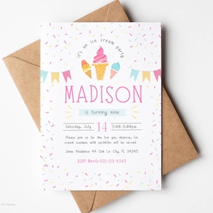 Editable Ice Cream Birthday Invitation, Girls Ice Cream Party Invite template for Canva - printable invitation Digital Download