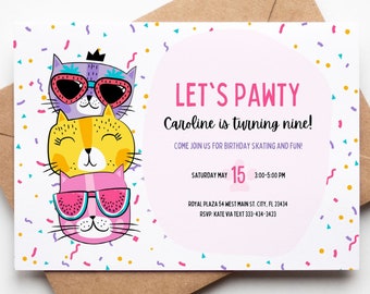 以下が含まれることがあります： ピンク、白、黄色の誕生日招待状で、サングラスをかけた3匹の猫の漫画イラストが描かれています。招待状のテキストには「Let's Pawty Caroline is turning nine!」とあり、日付、時間、場所、RSVP情報などのパーティーの詳細が記載されています。