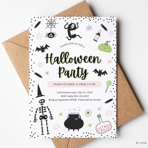 May include: A Halloween party invitation on a brown envelope. The invitation has a black and white design with Halloween illustrations, such as a skeleton, bats, and a cauldron. The text says "Halloween Party" with the date and time.