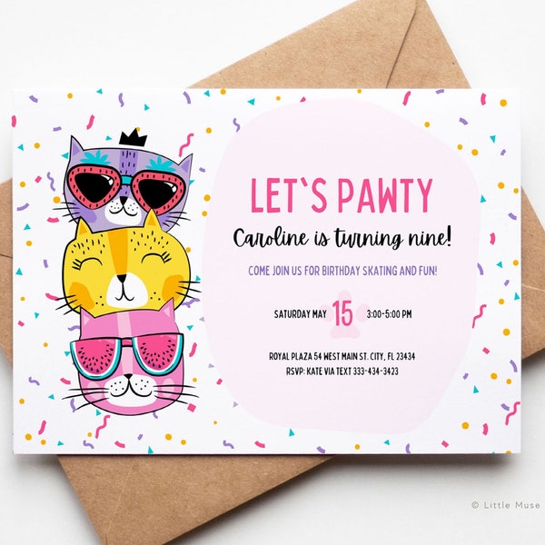 Kitty Cat Birthday Party Invitation for Canva,  Editable cat lover birthday invite, Cute Cat Birthday Party INSTANT DOWNLOAD