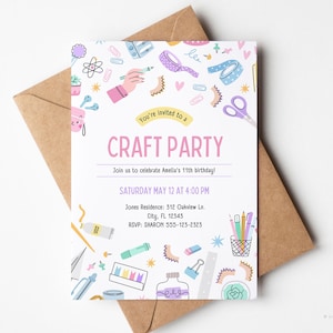 Girls Craft Party Invitation: Editable Birthday Evite (Digital Download, Canva Template 5x7" )